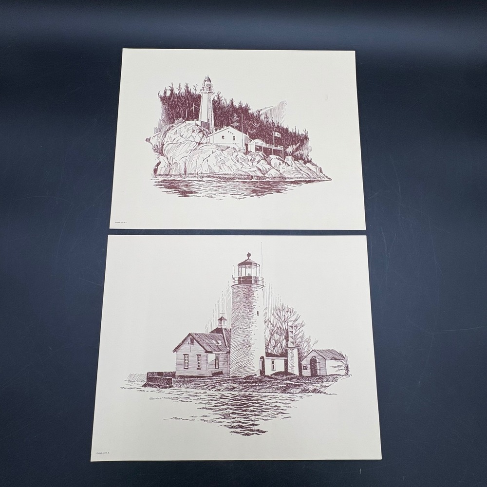 Vintage K Frank Lighthouse Art Prints Set of 2 Nautical Ink Illustration 11x14